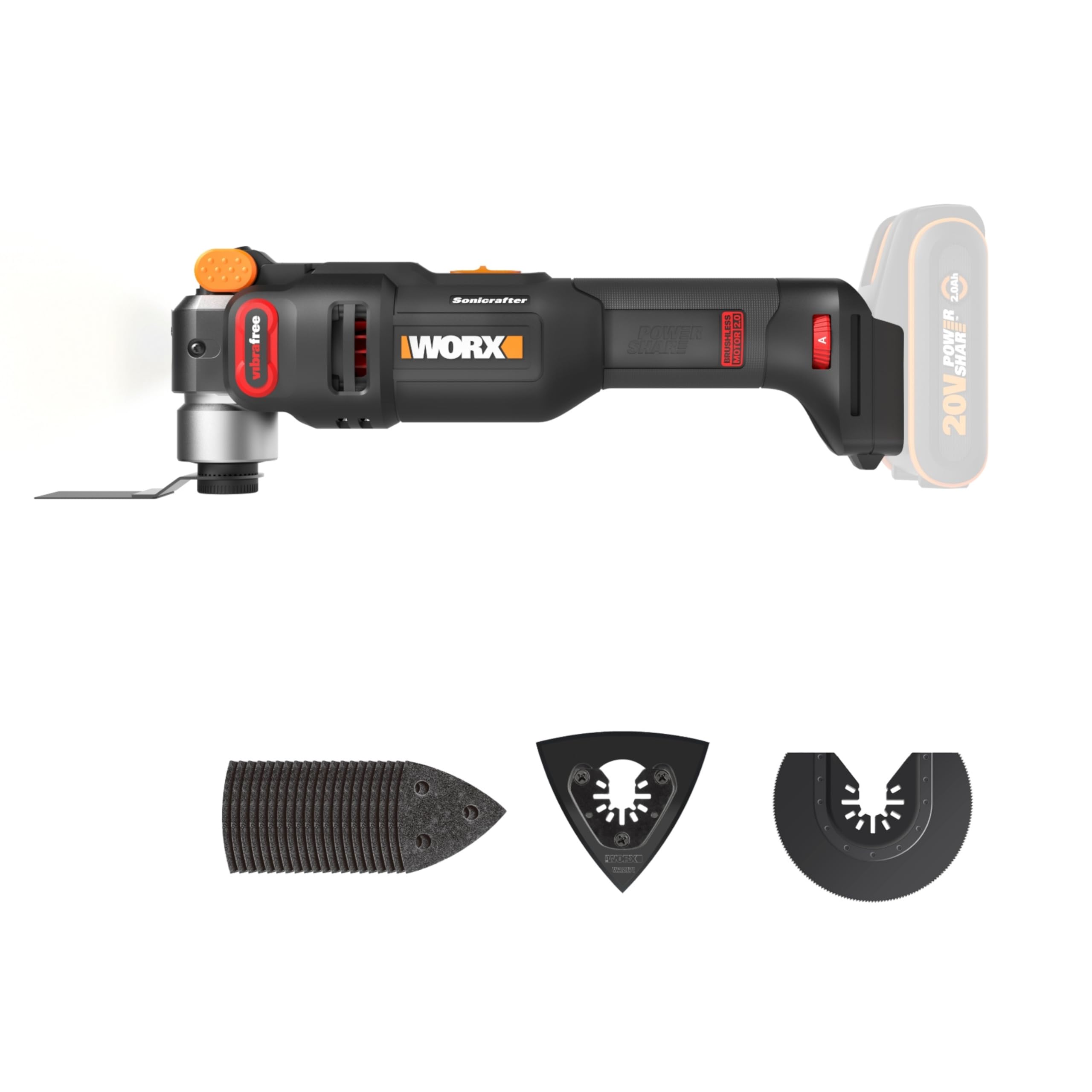 WORX Outil Multifonction sans Fil Brushless 20V WX698.9, idéal Pour Découper, Scier, Meuler, Racler, Gratter, Système de Fixation Universel, livré avec 23 Accessoires, sans Batterie ni Chargeur