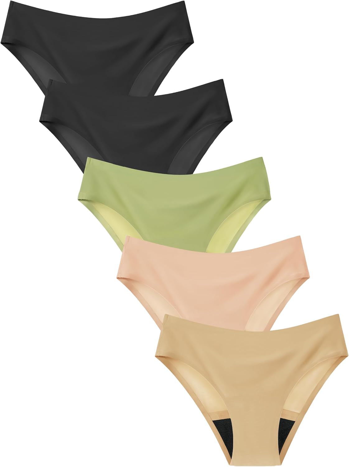 TIICHOO Period Underwear for Teens Seamless Leakproof Girls Period Panties 5-Pack 10-12 Years 2 Black/Beige/Pink/Green