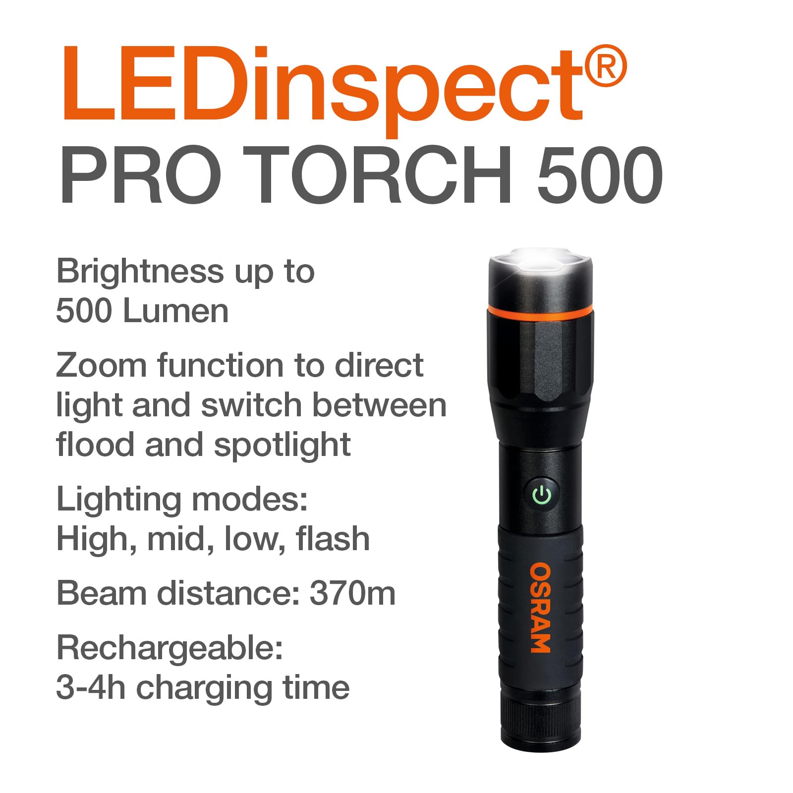 OSRAM LEDinspect PRO TORCH 500, rechargeable LED inspection torch, zoom function, 500lm brightness, 6000K, 4 light modes - Image 2