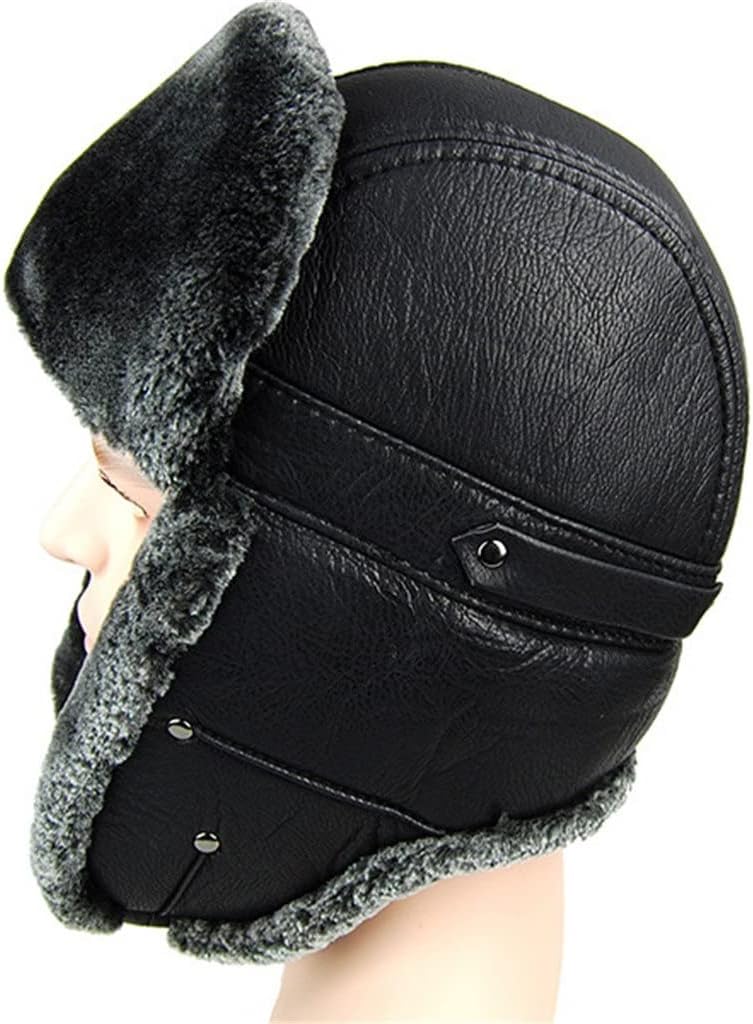 Men Faux Leather Winte Hat Adult Women Bomber Hats Snow Cap