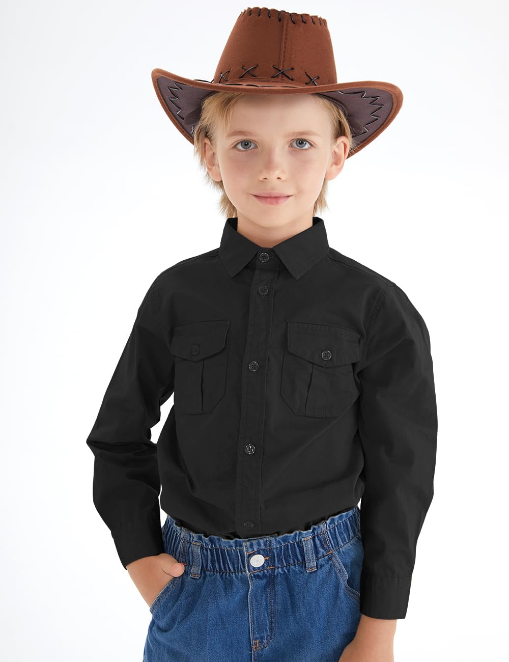 Spring&Gege Ragazzi manica lunga Button Down camicie cotone tessuto due tasche camicie per bambini