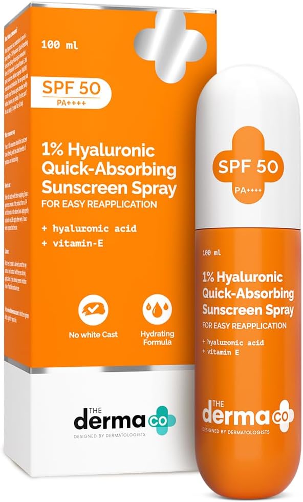 1% Hyaluronic Quick-Absorbing Sunscreen Spray |Hyaluronic Acid & Vitamin E | SPF 50 & PA++++ | No White Cast | Hydrating Fluid | Easy Reapplication | Face & Body | All Skin Types-100 ml