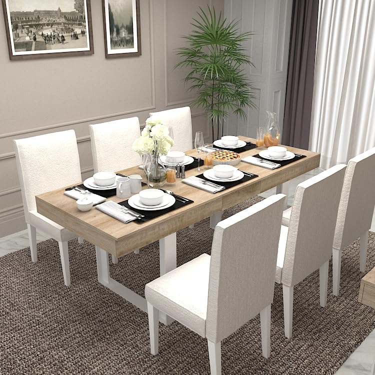 Extendable Dining Room Table for 6 8 10, Modern Farmhouse Wooden Kitchen Expanding Table, Long Large Expandable Dining Room Conference Table (White