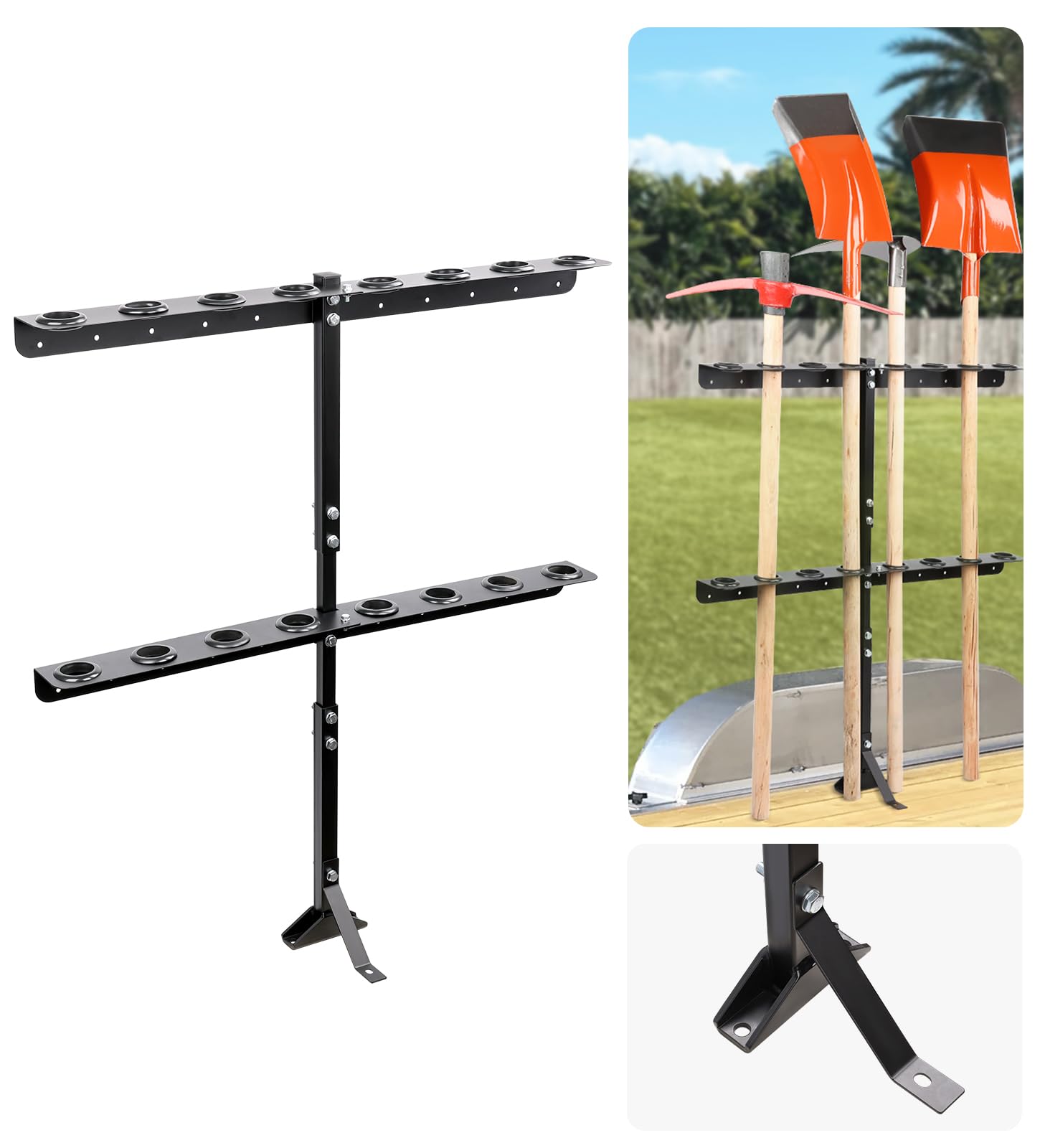 JDMON Trailer Tool Rack with 8 Tool Holes & Rear Support, Heavy Duty Steel Shovel Holder for Lawn Equipment, Thickened Base Landscape Hand Tool Rack Compatible with Open Trailers, Lawn, Yard