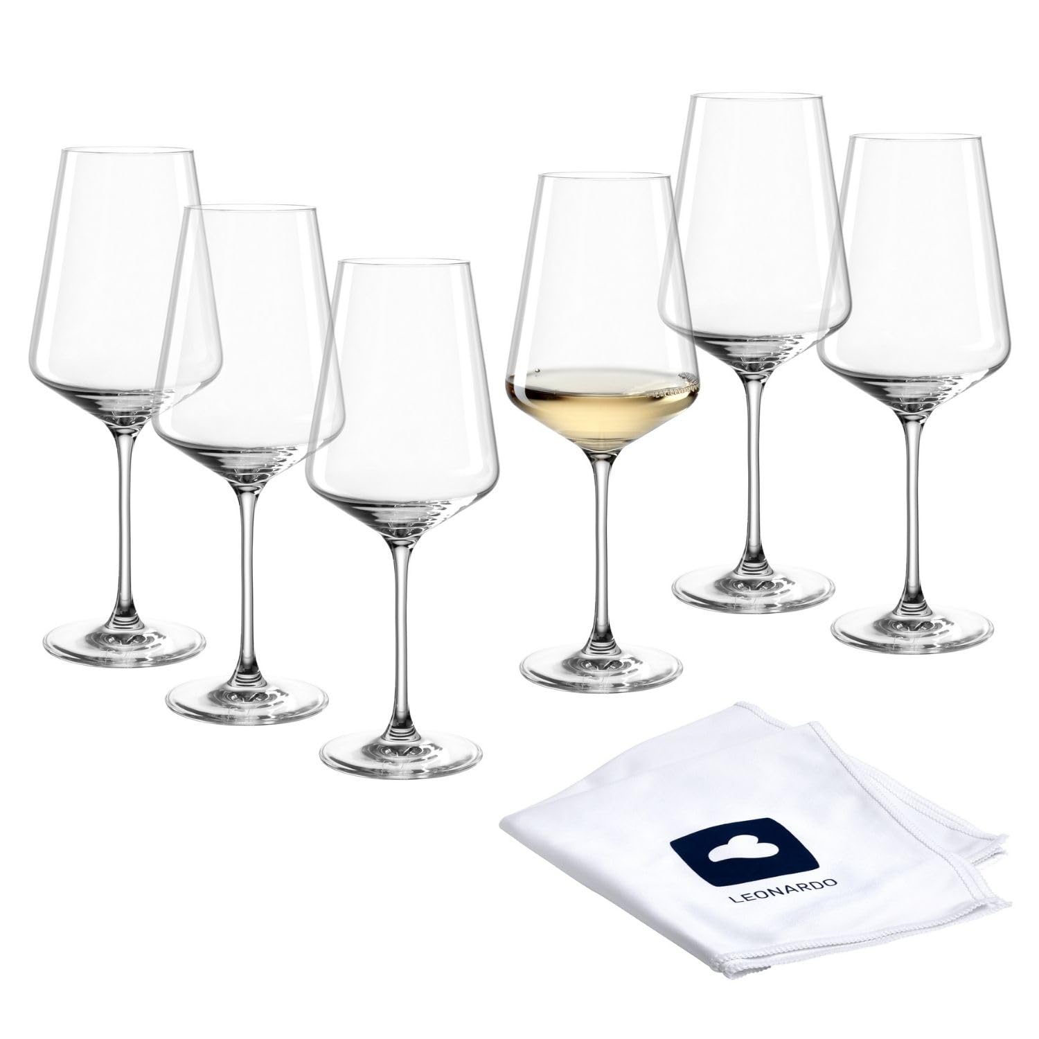 LEONARDO HOME Copas de vino blanco PUCCINI (juego de 6) con paño de pulido • Copas de vino resistentes a los arañazos (560 ml) • Apto para lavavajillas y duradero • Copas atemporales para vino blanco