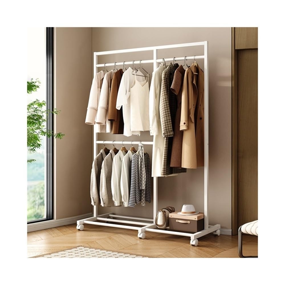 DFHS46JK Hat Rack Bedroom Floor-standing Clothes Hanger Household Storage Rack Iron Double-layer Coat Bedside for Office(White)