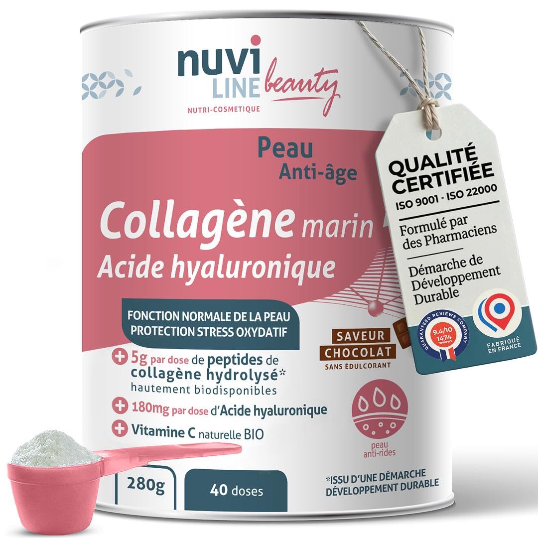 NUVILINE Beauty - Collagène Marin Peau Anti-Âge - Hydrolysé En Poudre - Acide Hyaluronique + Vitamine C BIO - Protection Stress Oxydatif - Premium - France - 280g (45 doses), Chocolat
