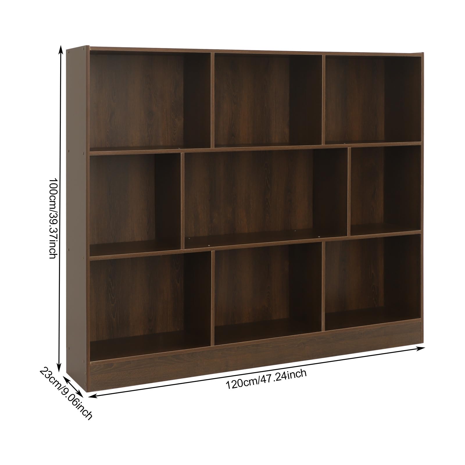 Regał na książki, do pokoju dziecięcego, z 8 otwartymi półkami, 120 x 23 x 100 cm, poziomy, regał na teczki, regał w kształcie kostki, do salonu, biura (ciemny dąb)