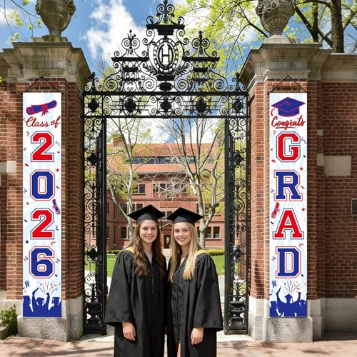 Image of Graduation Decorations 2026 Porch Banner, Graduation Banner Class of 2026, Red and Blue Congrats Grad Decorations for Door and Porch Party Supplies
