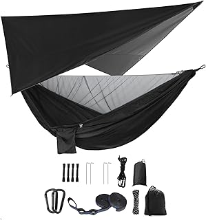 Camping Hammock Set, Single Double Hammock, Mosquito Net, Insect Net, Rainfly, High Strength Parachute Cloth Hammock. Suitable for Outdoor, Hiking, Camping, Travel