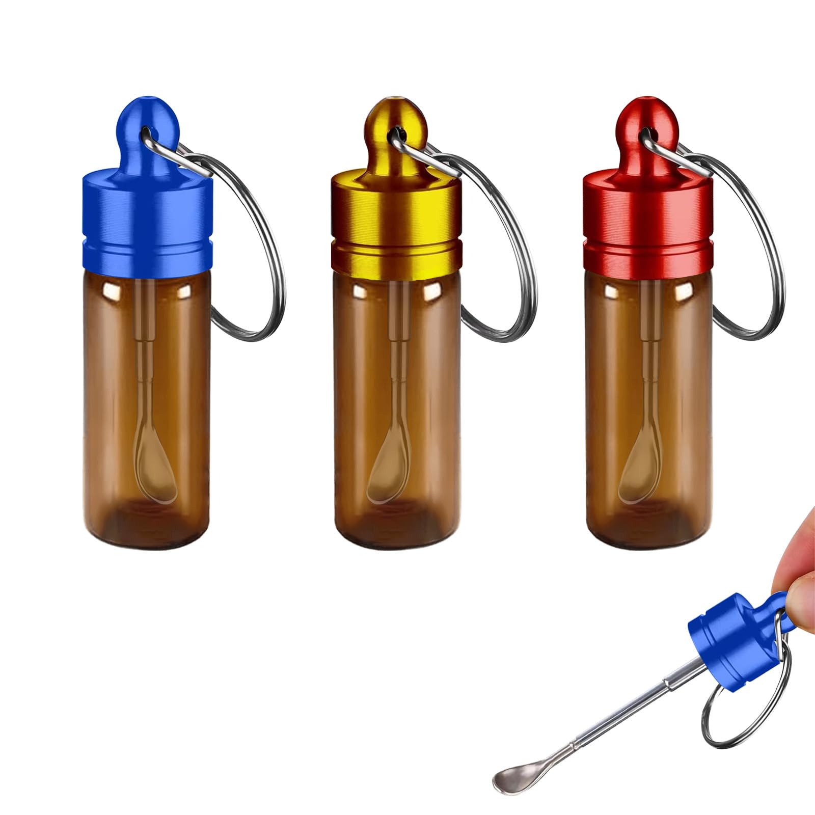 Mini Bouteille Verre, Lot de 3 Contenants Portatifs 6cm avec Anneau pour Épices, Sucre (Rouge, Or, Bleu), Bocaux à Épices Étanches pour Cuisine et Voyage