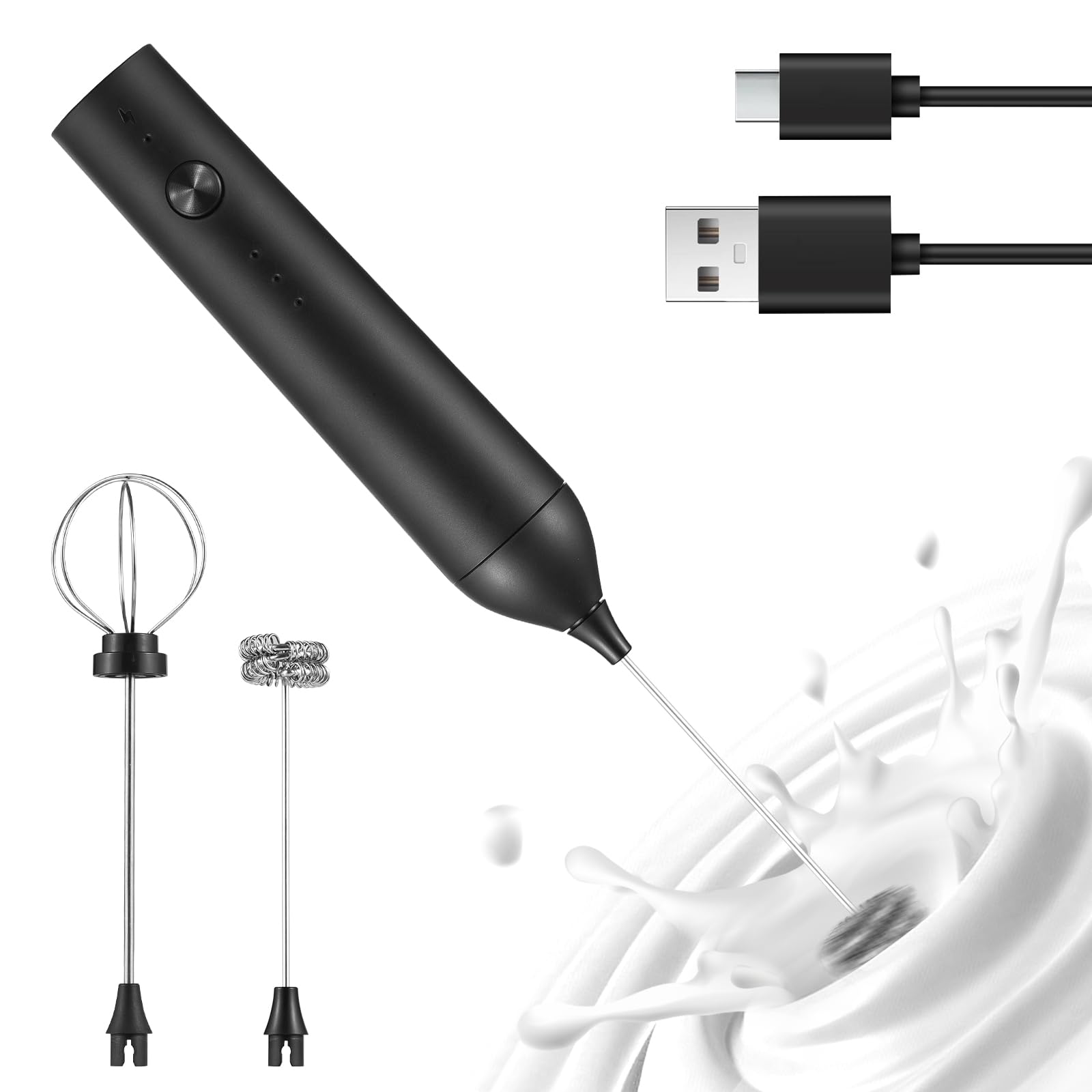 Irishom Espumador de Leche eléctrico Recargable de Mano, batidor de Mano con 3 Niveles de Velocidad Ajustable, batidor Estable para café, Crema y Clara de Huevo con 2 Cabezales de Acero 2