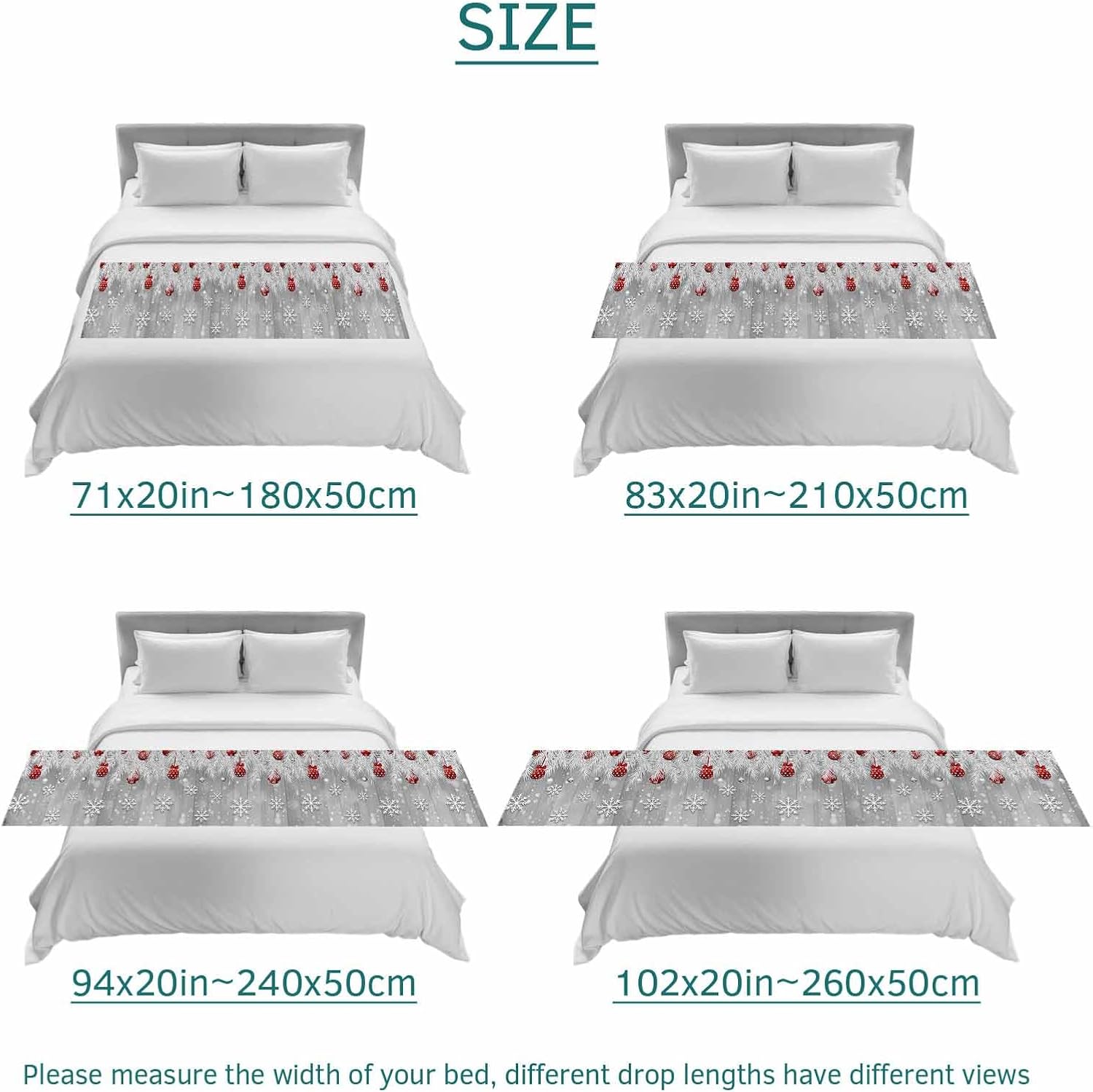 Silver Christmas Bed Runner for King Size Bed, Farmhouse Snowflake Pine Woodgrain Bedspread Protector Slipcover Bed Scarf for Foot Bed Runners & Scarves for Bedroom Hotel Wedding Room 102x20 Inches