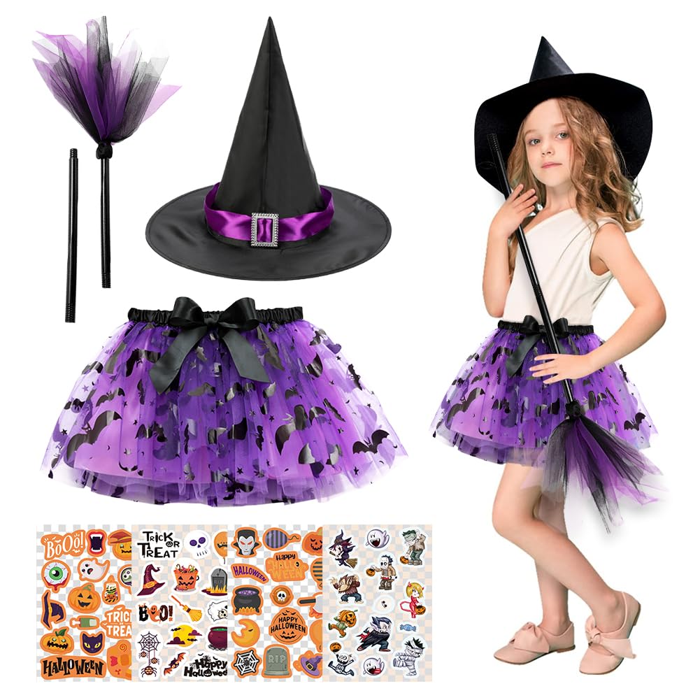 ZJILIXIA Disfraz De Bruja De Halloween,Disfraz Bruja Niña Tutu 3-8 Años,Faldas De Tutú De Hadas Con Sombrero De Bruja,Escoba Y 4 Pegatinas De Halloween,Para Halloween Carnaval Cosplay Fiesta
