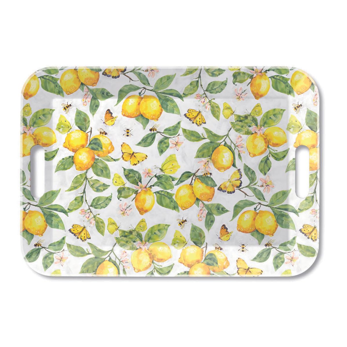 Ambiente Tablett 47x33cm Melamin mit Zitronen & Schmetterling Motiv - zum Dekorieren & Servieren - Serviertablett für Kaffee Tee Frühstück - Tischdeko Frühling Sommer Hochzeit - Dekotablett Weiß Gelb