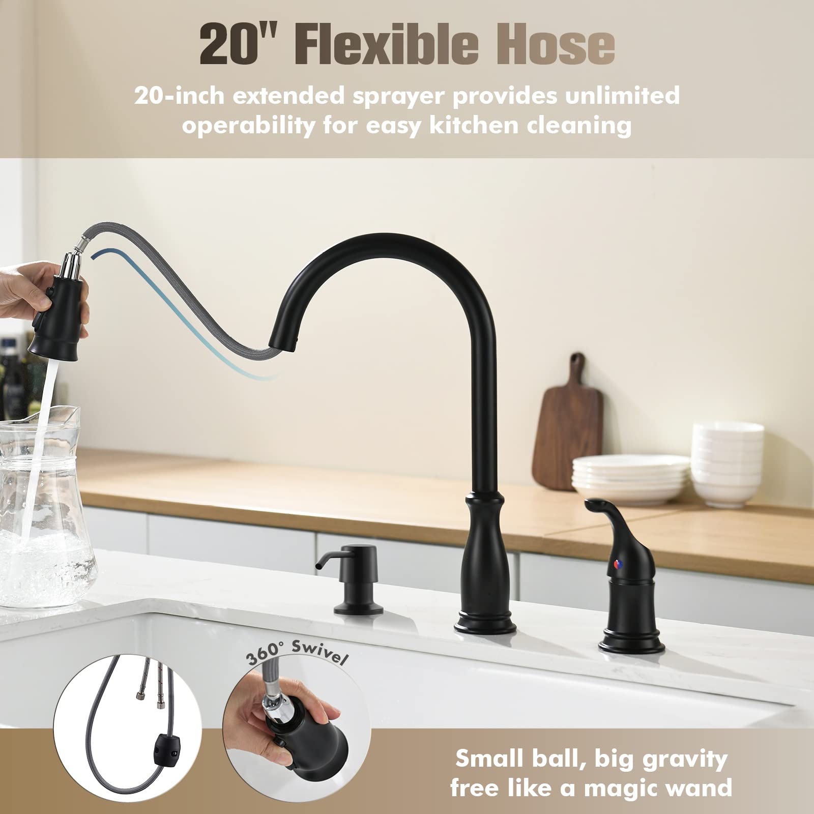 3 Hole Kitchen Faucet, APPASO Kitchen Faucet 3 Hole with Pull Down Sprayer, 3 Pieces Kitchen Faucet with Soap Dispenser and Side Single Handle, Matte Black Kitchen Faucet 3 Hole