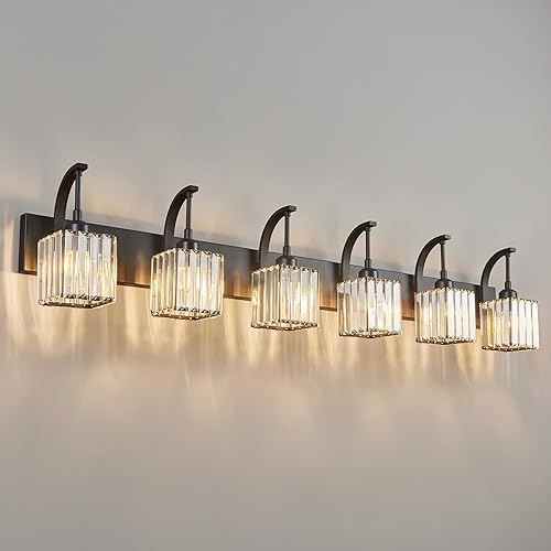 Miniatura 14 de Luces de tocador de cristal cromadas de 4 luces, modernas lámparas de baño de cristal sobre espejo de 32.67 pulgadas de largo para baño Cromo
