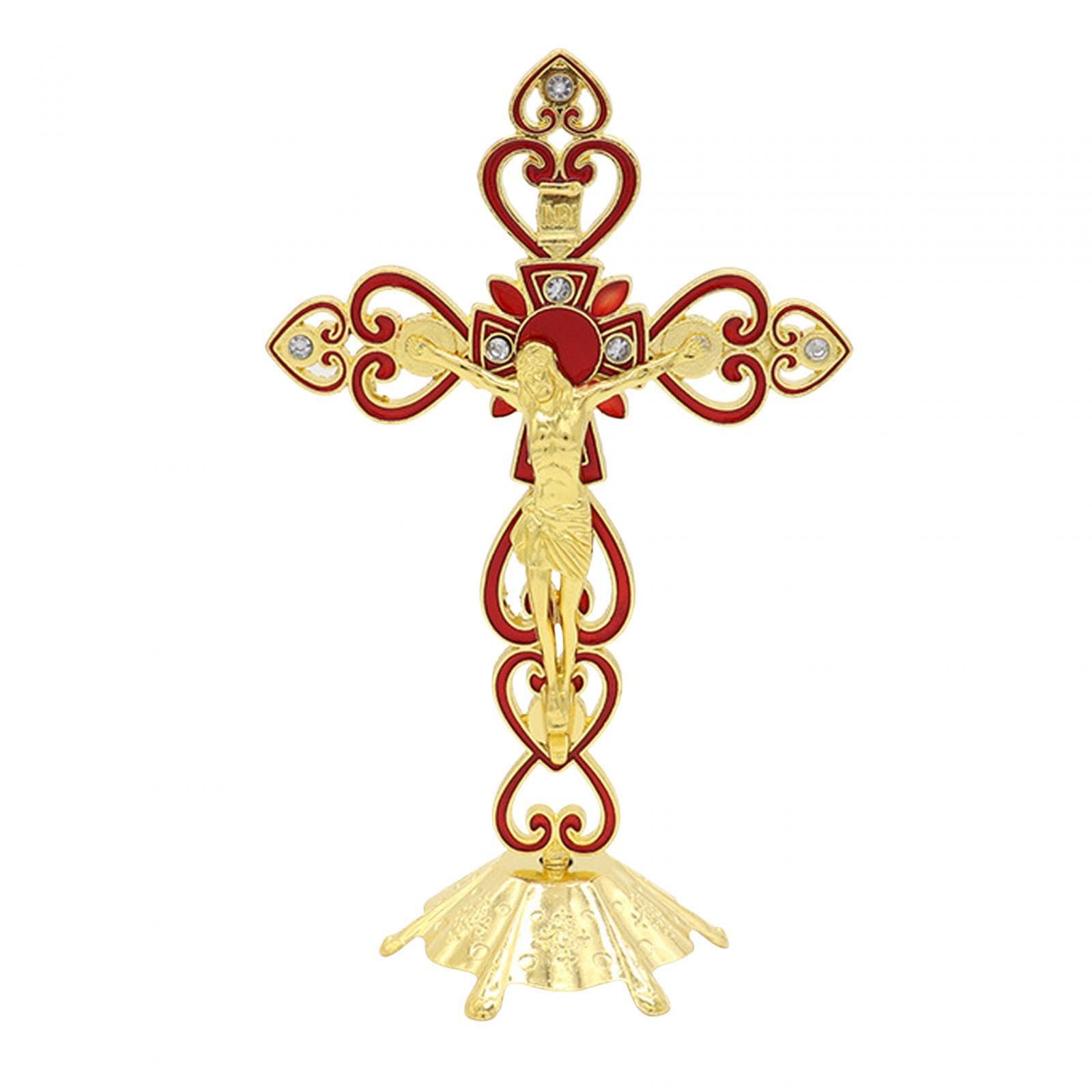 QIXCXAZ Religious Decorations Vintage Metal Standing Cross Prayer Crosses Exceptional Memorabilia For Religious Homes Standing Crucifix Base Catholic Jesus, Red, 20x12.5cm