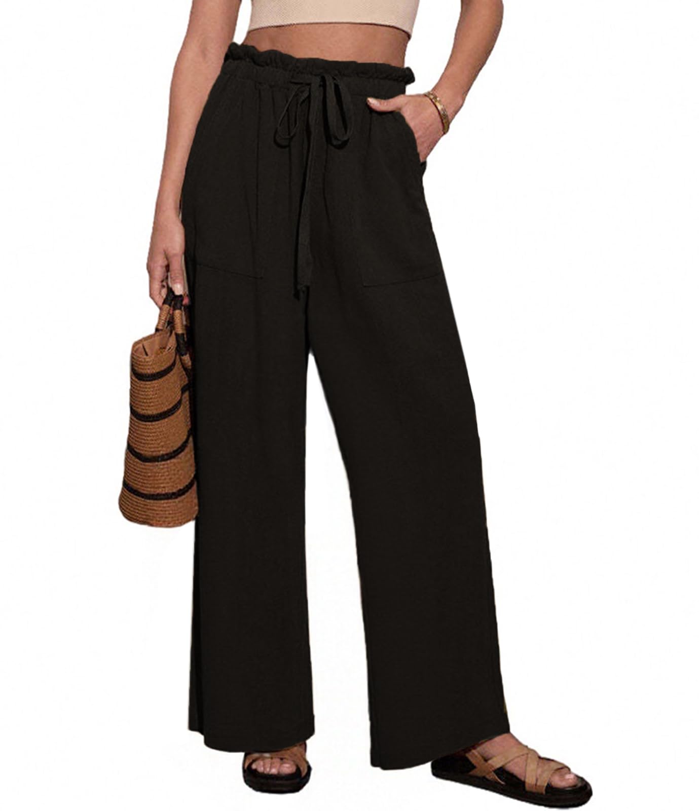 Womens Wide Leg Linen Pants High Waist Loose Casual Palazzo Trousers Drawstring Large