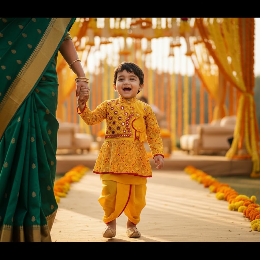 PK HUB Baby Boys Traditional Rajasthani Angrakha Dress with Dhoti | Cotton Ethnic Wear Set with Full Sleeves | Festive & Cultural Outfit for Infants & Toddlers (5-6 Y, Yellow) 4