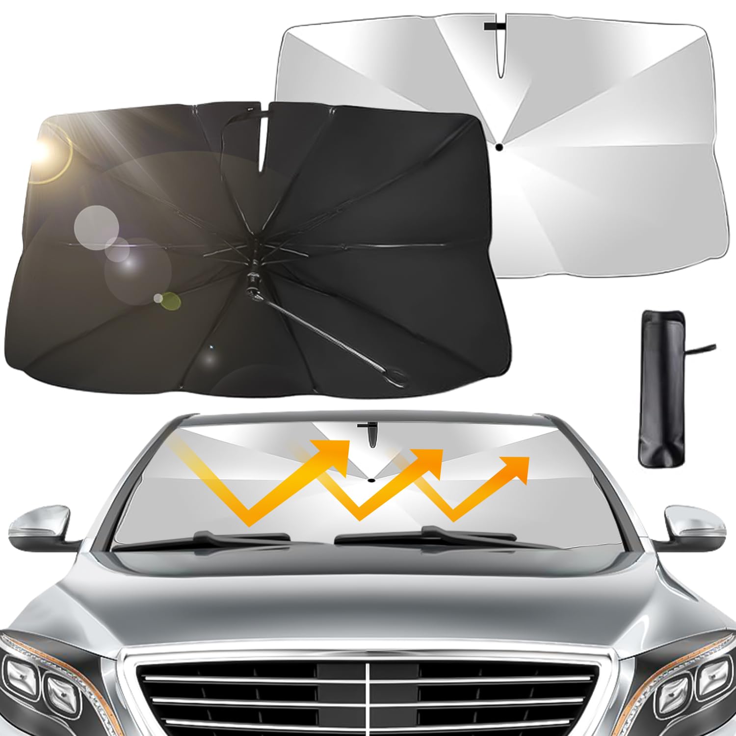 Parasol Paraguas Coche,Parasol Coche Delantero Plegable,Parasol Coche Delantero,Paraguas Parasol Coche para vehículo protección Anti Rayos UV, para mayoría de Coches, SUV, Camiones,136.5 x 76 cm