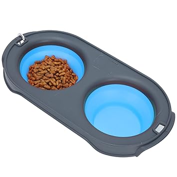 Pet Feeding Bowl, Dog/Cat Bowl Double Bowl Foldable Easy to Clean for Camping and Walking for Traveling Hiking(Blue)