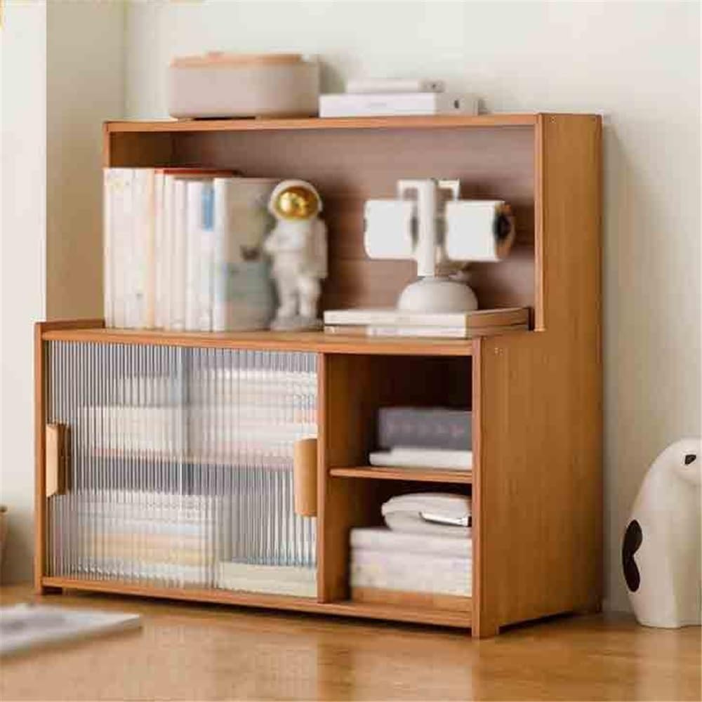 Bookcases Desktop Bookshelf with Plastic Cabinet Door, Multi Tier Bamboo Storage Shelf, for Home Study or Office Display Rack