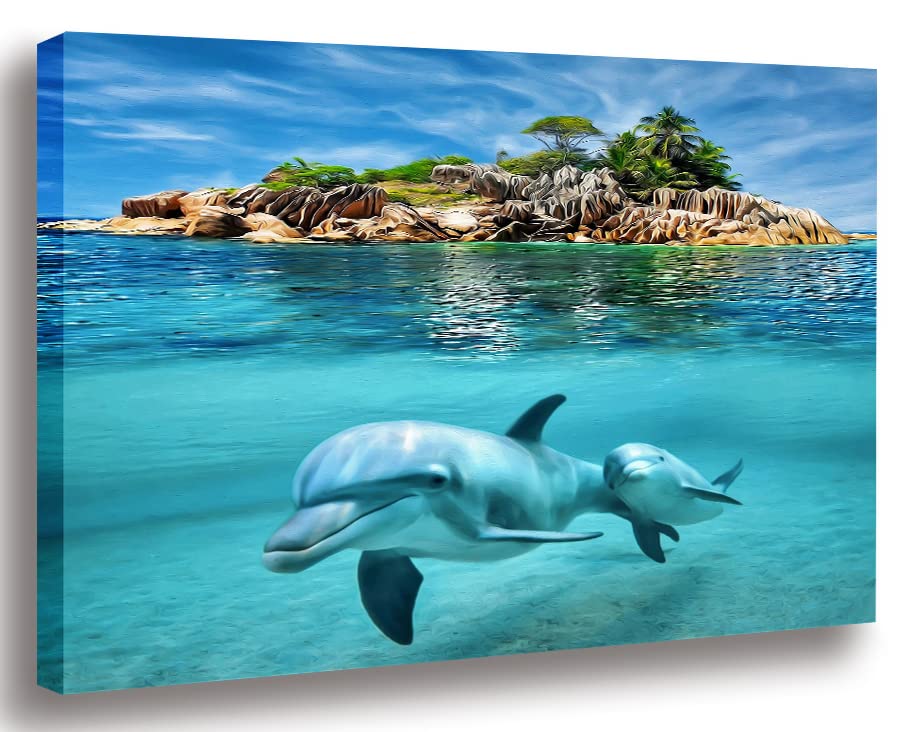 SUMIANYH Canvas Print Wall Art Blue Ocean Jumping Dolphins Animal Picture Photo Print for Living Room Bedroom Bathroom Kitchen Decor Stretched and Framed Giclee Artwork Ready to Hang