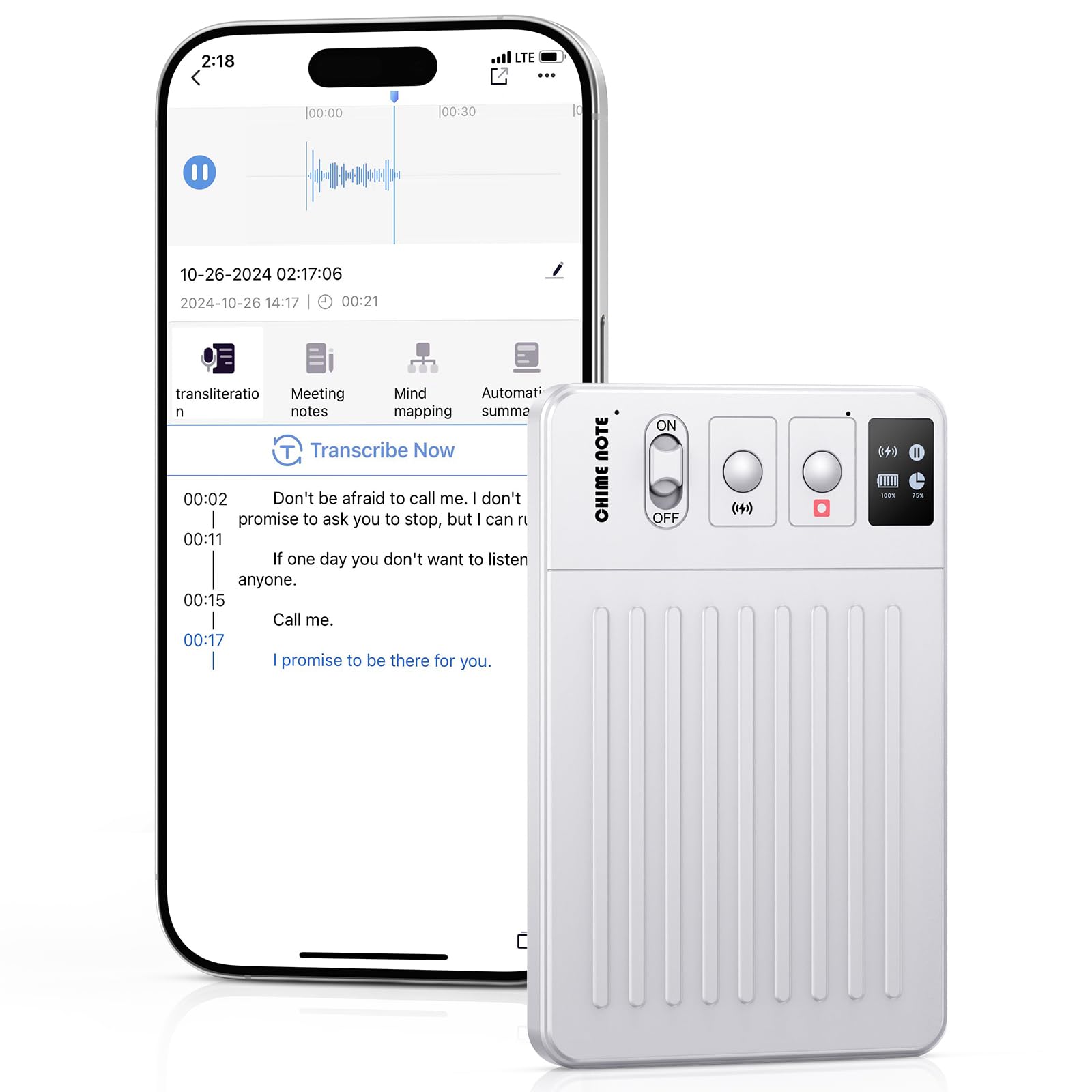 AI Voice Recorder, Digital Voice Recorder App Control, Transcribe & Summarize & Translation by ChatGPT, Wireless Charging, 121 Languages, 64GB Memory for Lecture, Meeting, Calls, White