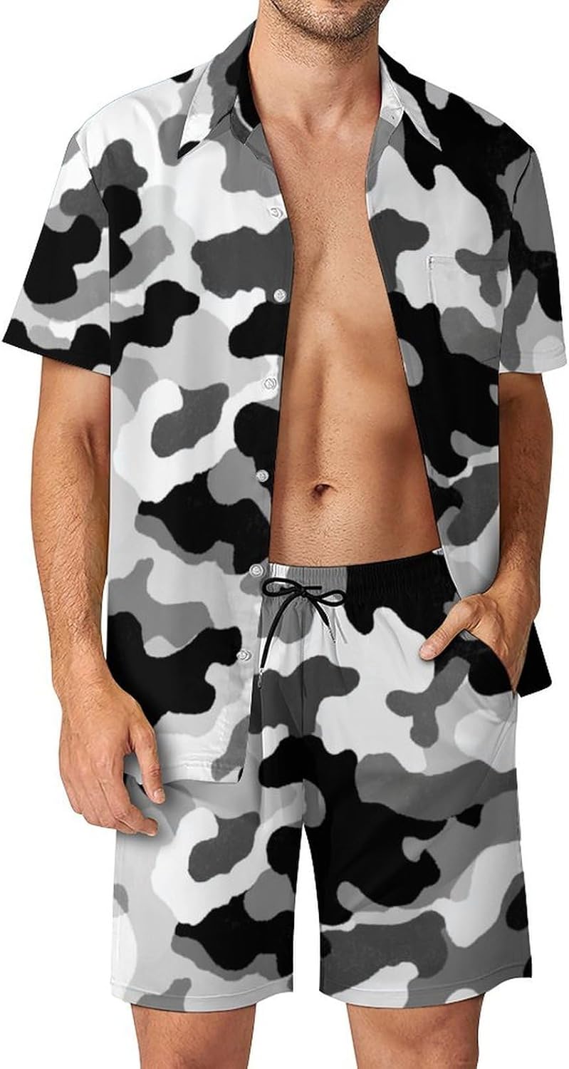 TQD Mens 2 Piece Short Sleeve Button Down Shirt Beach Shorts Set Outfit Camouflage Black White Casual Hawaiian Sets
