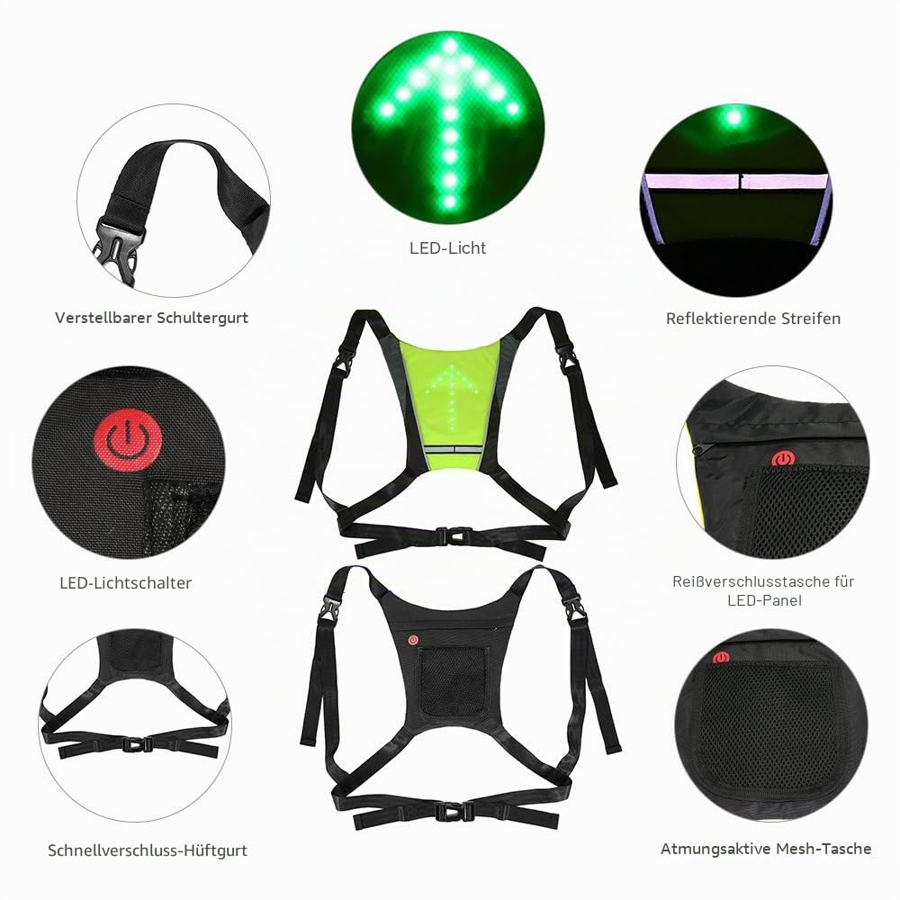 Lixada Reflektierende Fahrrad-Rucksackweste mit LED, Signal bei Richtungsänderung, wiederaufladbar über USB, Fernbedienung, für Radfahren, Spazierengehen