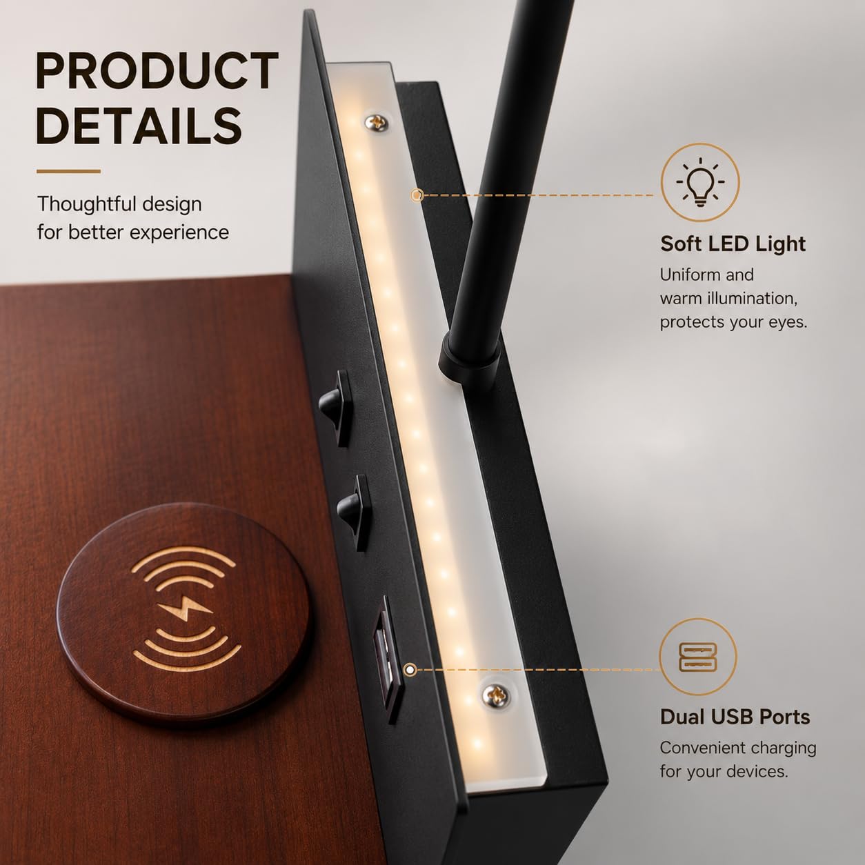 Schwarz LED Wandleuchte innen Holz Wandlampe schlafzimmer mit USB-A&USB-C Anschluss+15W Wireless Charger, Flexibler Schwanenhals Leselampe Bett 3 Farbtemperatur Modi, Bettlampe mit Stecker 1,5m Kabel