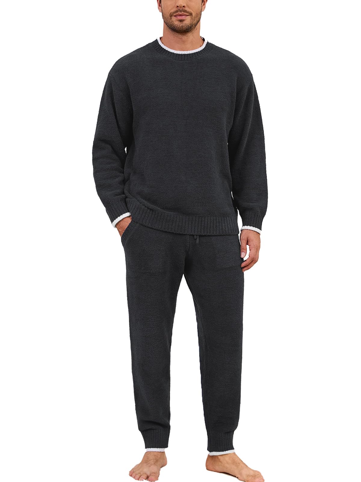 Mens Pajamas Set Fleece Winter Sleepwear Fuzzy Long Sleeve Soft Loungewear Sets with Pockets-image-35