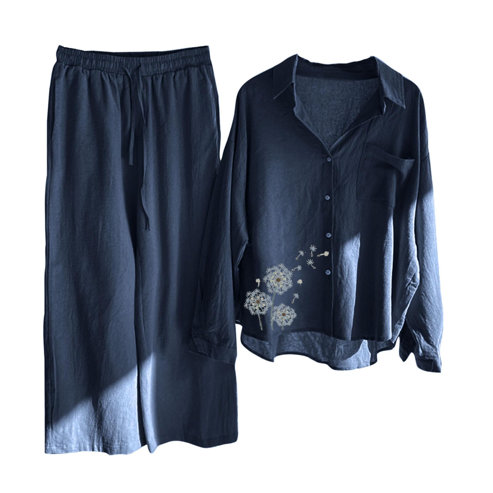 Lightning Deals 2024 Women's Casual 2 Pieces Outfits Button Down Long Sleeve Linen Loungewear Drawstring Wide Leg Pants Matching Sets