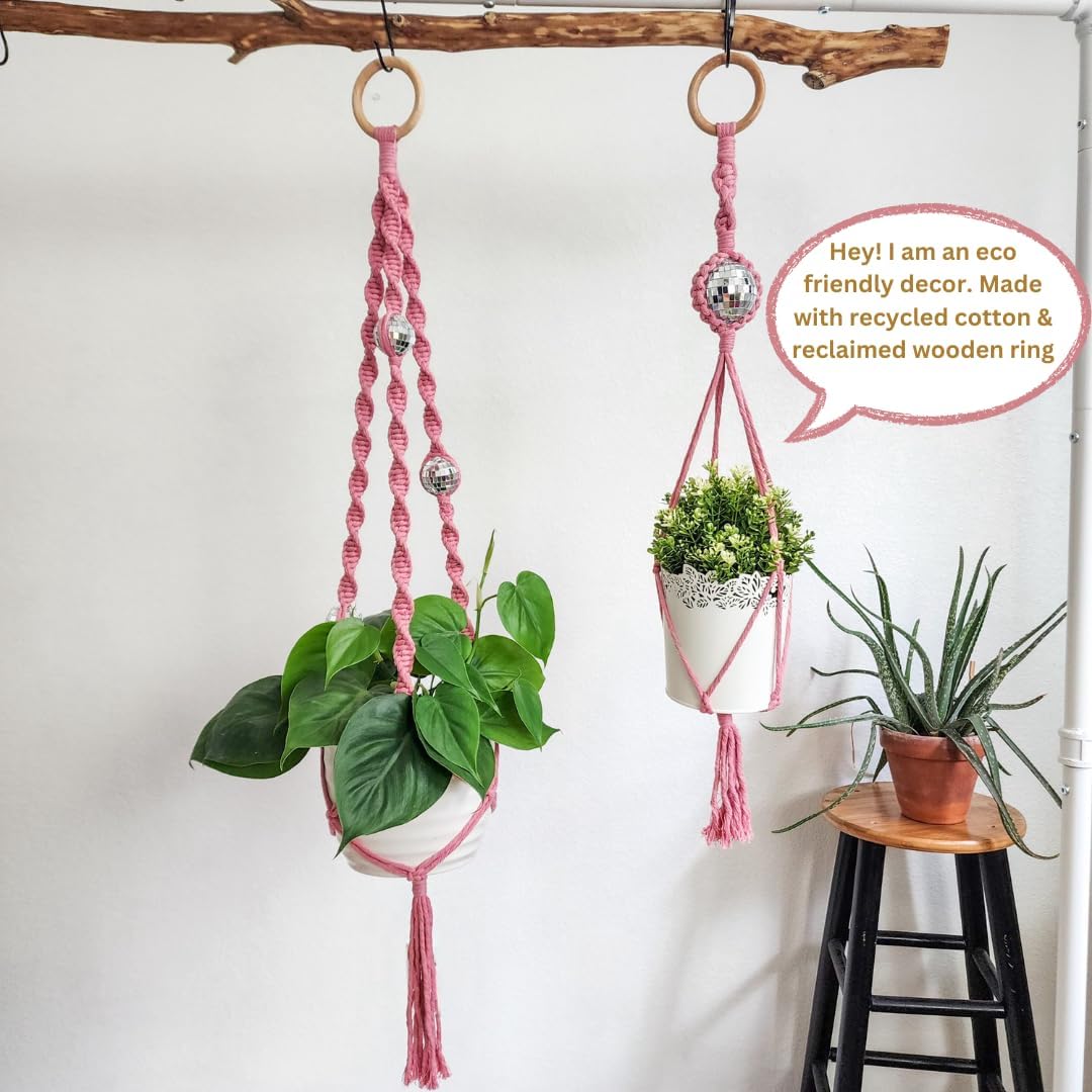 Set of 2 Macrame Plant Hanger Disco ball decor Hanging planters for indoor plants Cool gifts for plant lovers Boho plant pots plant stand indoor Hanging planters for outdoor plants (Champagne Pink)