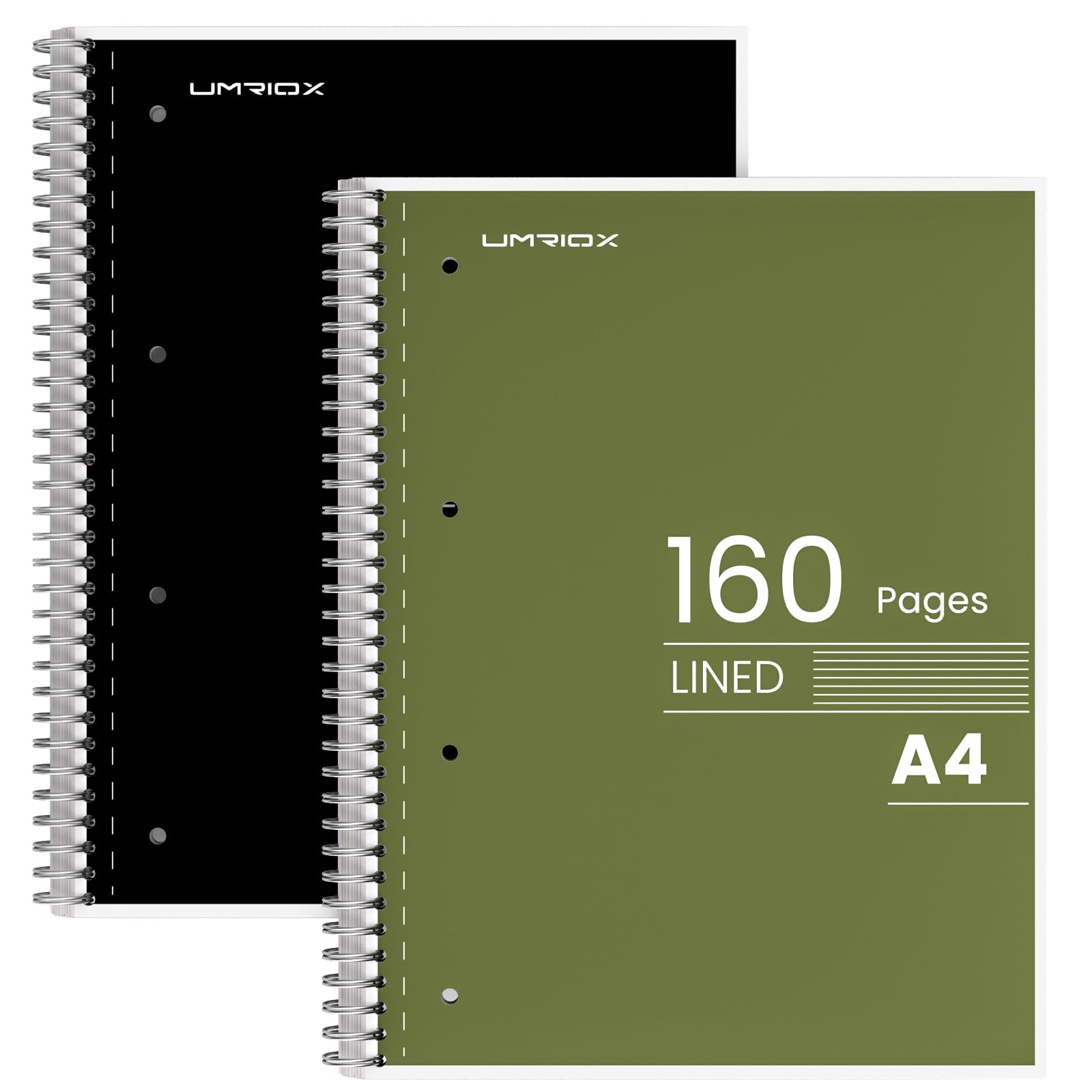 Umriox A4 Notebook, 8 mm Lined Wirebound Notebook with 4-Hole Punch Margins, 160 Pages Premium Paper College Ruled Journal with Perforated Edges, Pack of 2 Notepads - Black+Green