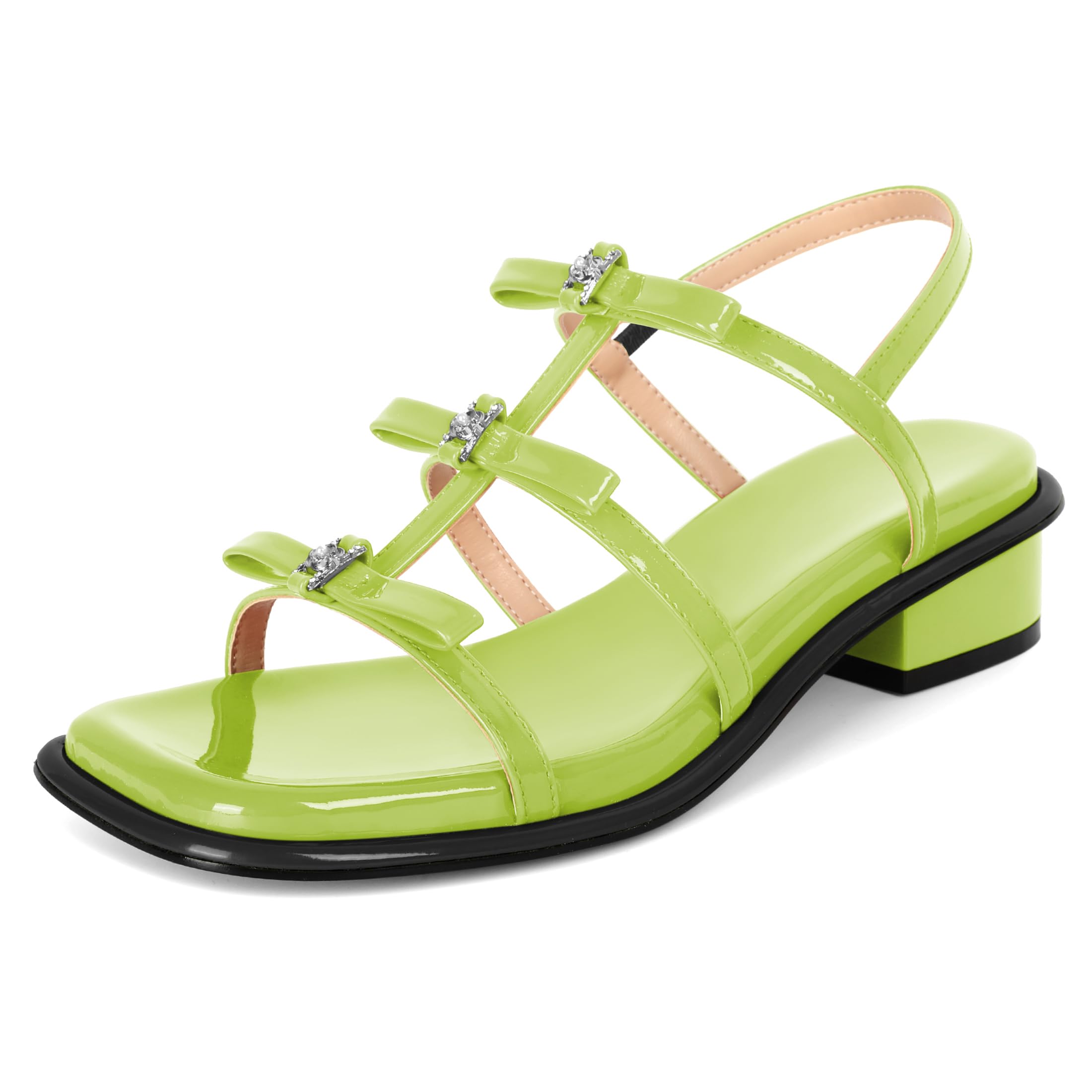 Zamikoo Womens Chunky Block Low Heel Sandals Square Toe Heels Strappy Summer Heeled Sandals Elastic Rhinestone Bow Sandals Cute Casual Dress Shoes 1.2