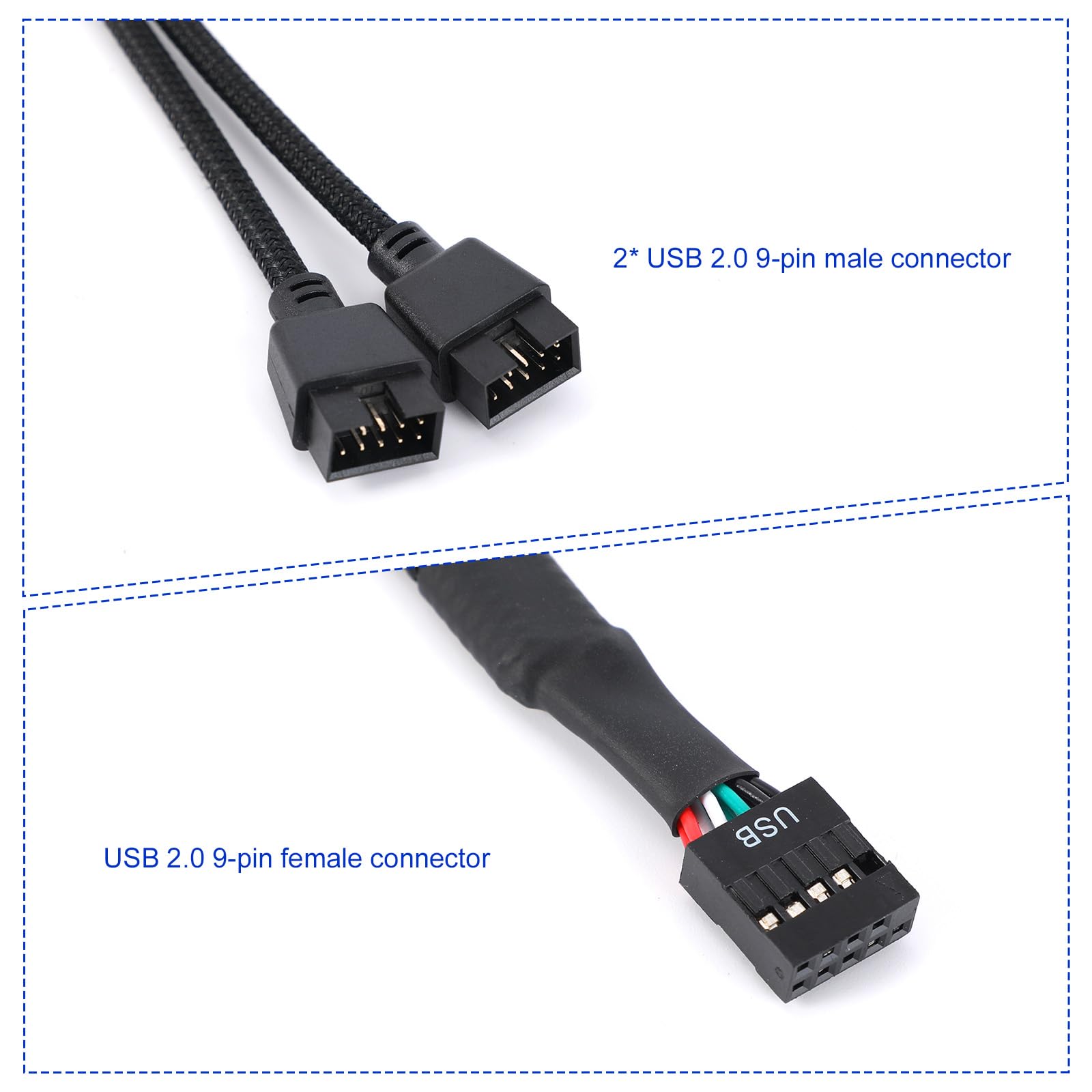 2szt Przedłużacz USB 2.0 do Płyty Głównej z Dwoma 9-Pinowymi Złączami, 9-Pinowy Czarny Rozdzielacz USB 2.0 z Plecioną Końcówką do Wewnętrznej Płyty Głównej Komputera