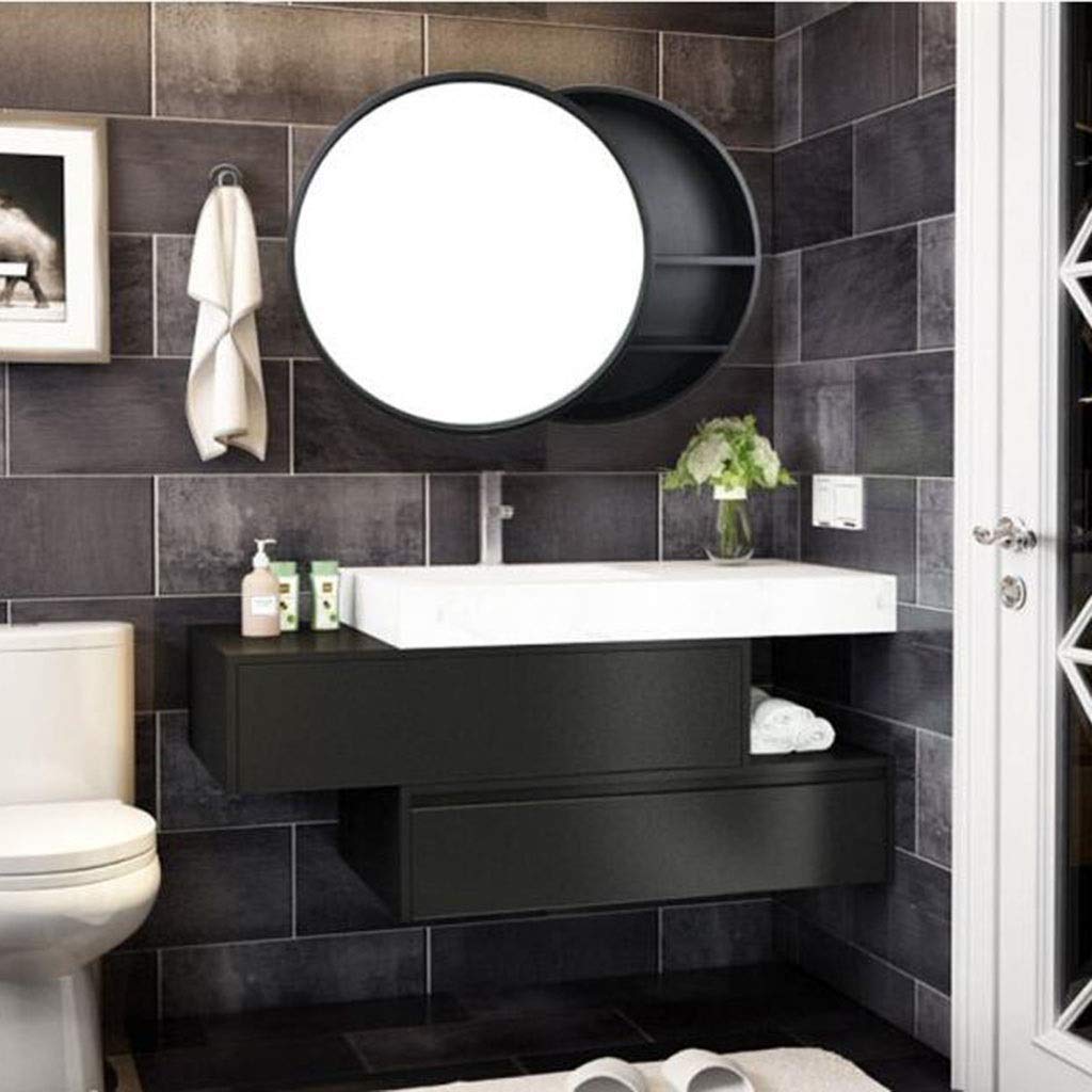 Specchio Contenitore per Bagno Specchio in Legno Massello con Ripiano Specchio per Trucco Mobile Pensile A Parete Tondo, Sinistra E Destra Push-Pull (Color : Black, Size : 50cm/19.7inches)