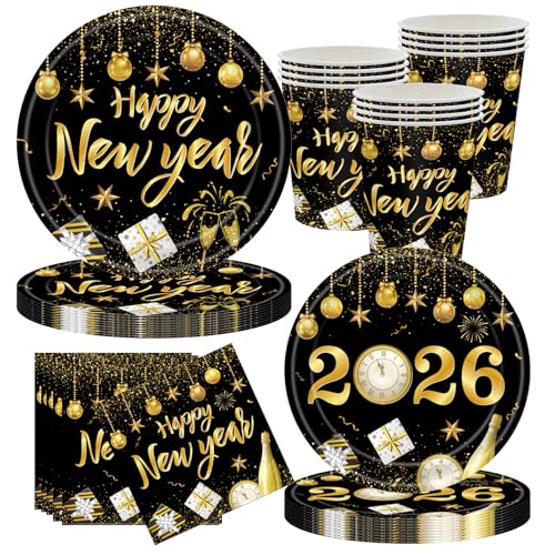 CANCJ Kit de vaisselle pour le Nouvel An, décoration de table de fête 50 pièces pour le Nouvel An avec 10 assiettes en carton, assiettes, gobelets, serviettes, kit de fête jetable pour la décoration
