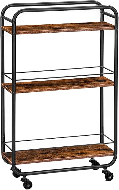 HOOBRO Slim Storage Trolley on Wheels, Bar Cart Trolley, Kitchen Storage Cart, Metal Frame, Slide Out Kitchen Trolley, Rolling Utility Cart for Small Spaces, Laundry, Narrow, Rustic Brown EBF18TC01