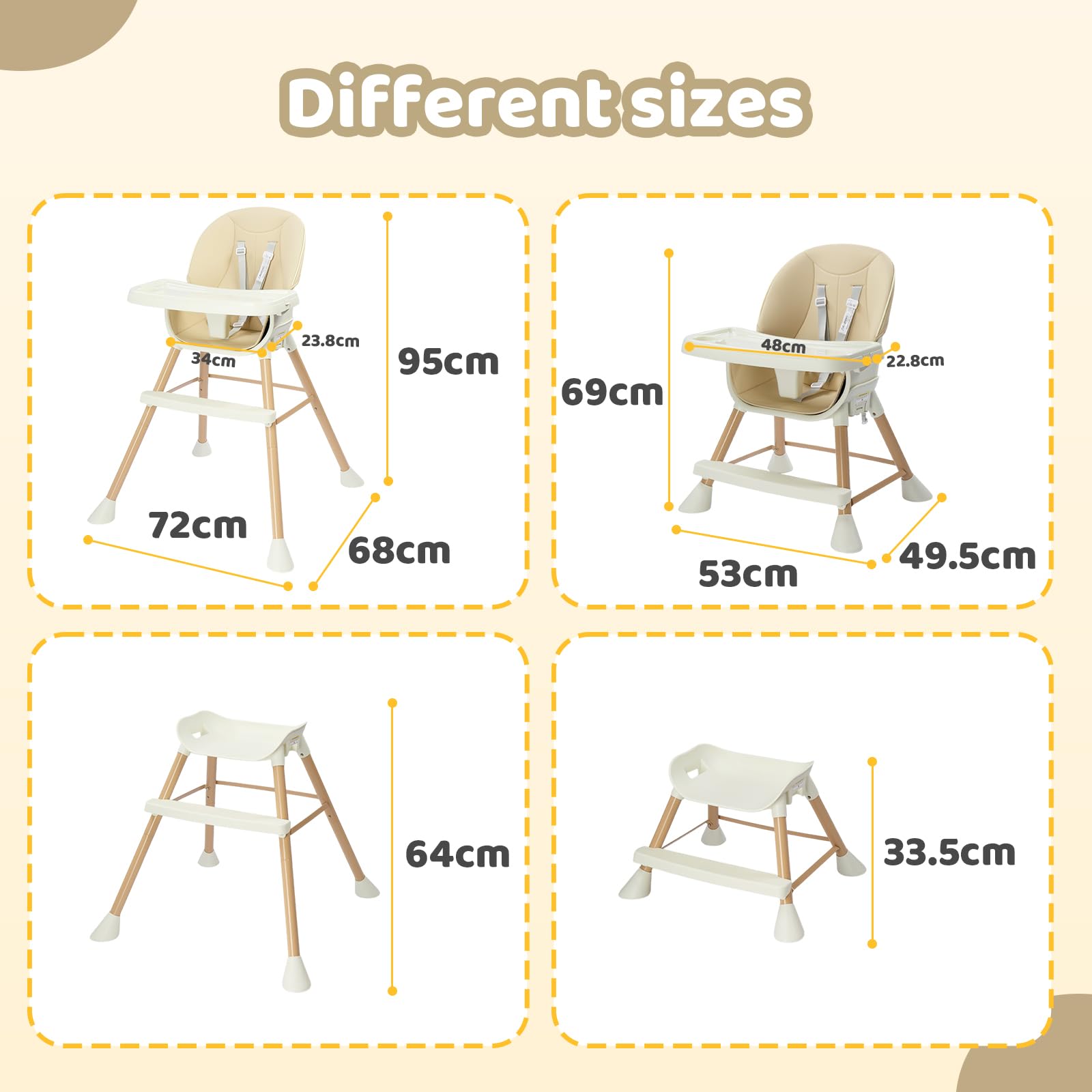 BONNLO Chaise Haute Bébé Évolutive, Pieds en Bois Fixes & Structure Renforcée, Pliable pour Chaise Adulte, 4 KG Ultra-Léger, Réglable en Hauteur, Ceinture 5 Points, Nettoyage Simplifié (Neige)