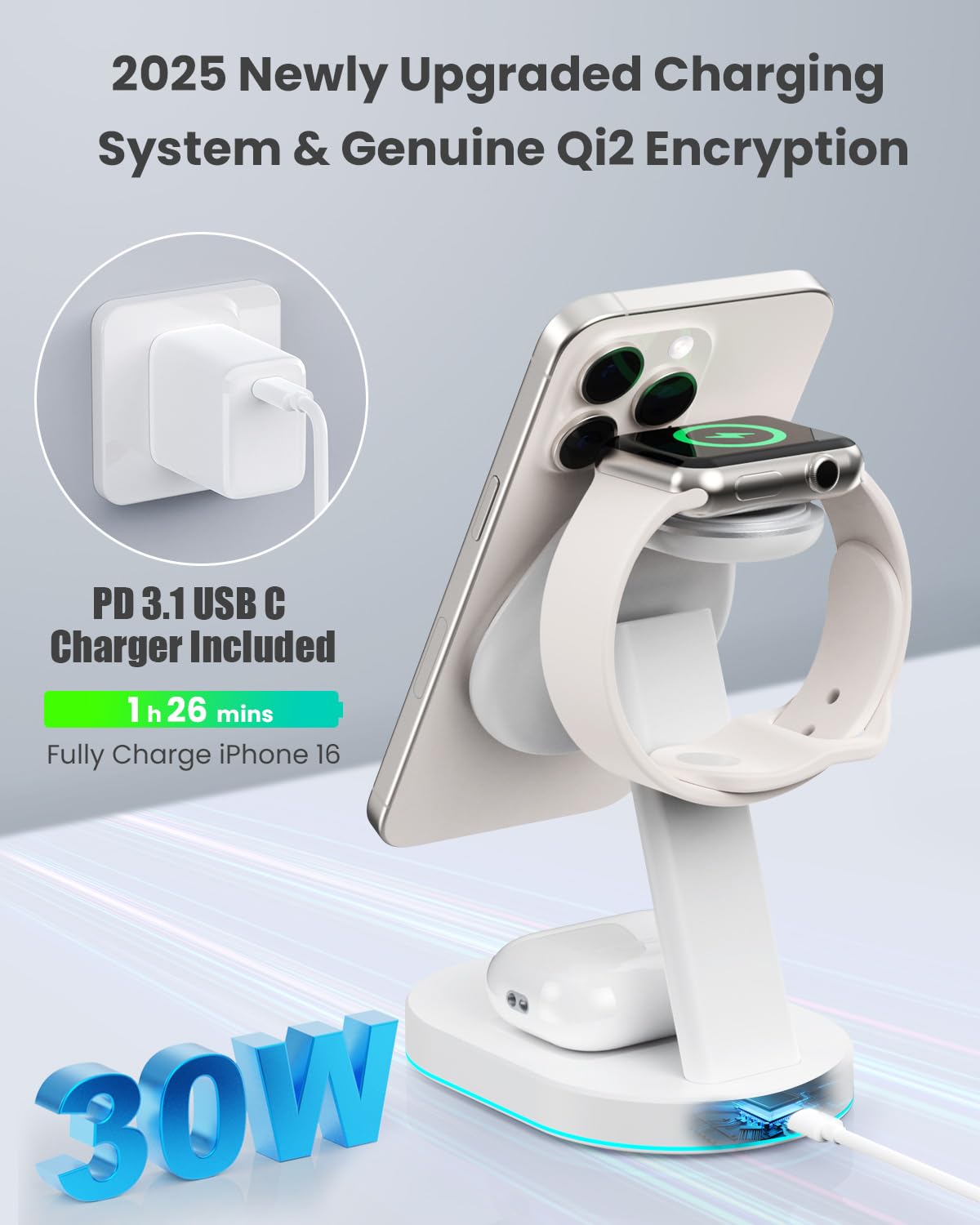 3 in 1 Caricatore Wireless Stazione, Certificato Qi2 15W Mag-safe Ricarica Rapida Caricabatterie Wireless Phone Charger Holder per iPhone 16/15/14/13/12 Serie, Apple Watch, Air-Pods ecc - Bianco