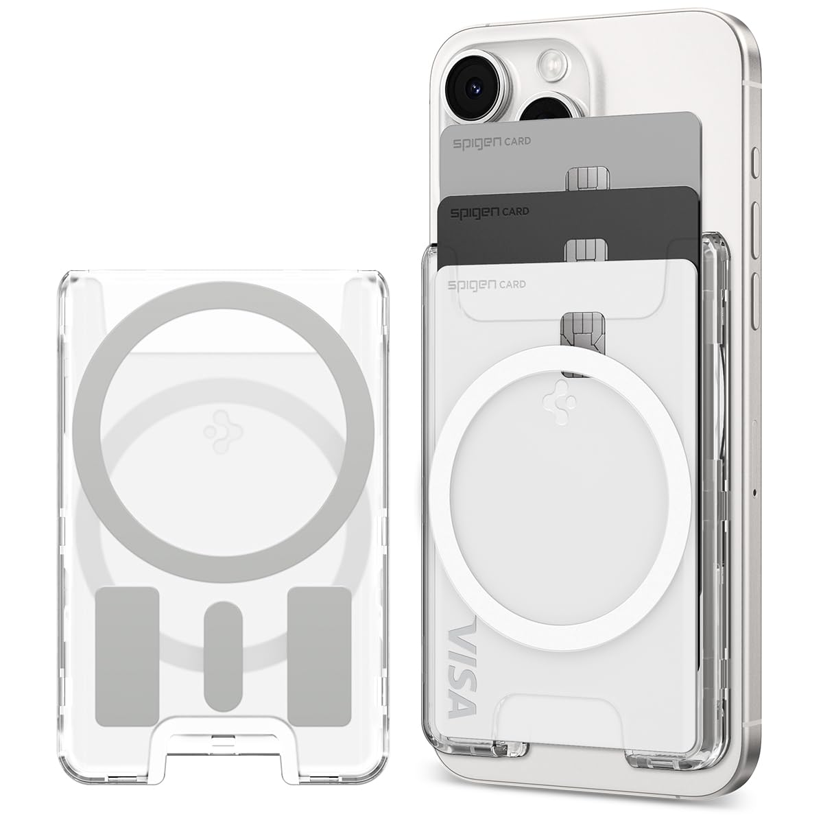 Spigen Ultra Hybrid (MagFit+) Magnetic Card Holder up to 3 Cards, Hard Shell MagSafe & Pixelsnap Wallet Compatible with iPhone 17/16/15/14/13/12 Models, Pixel 10 Series - Crystal Clear (Ring)