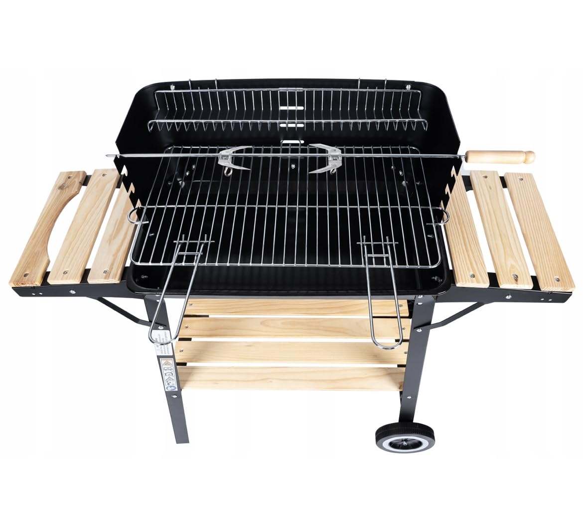 Grill ogrodowy węglowy, grill z blatem, duży grill na kółkach z rusztem na kurczaka