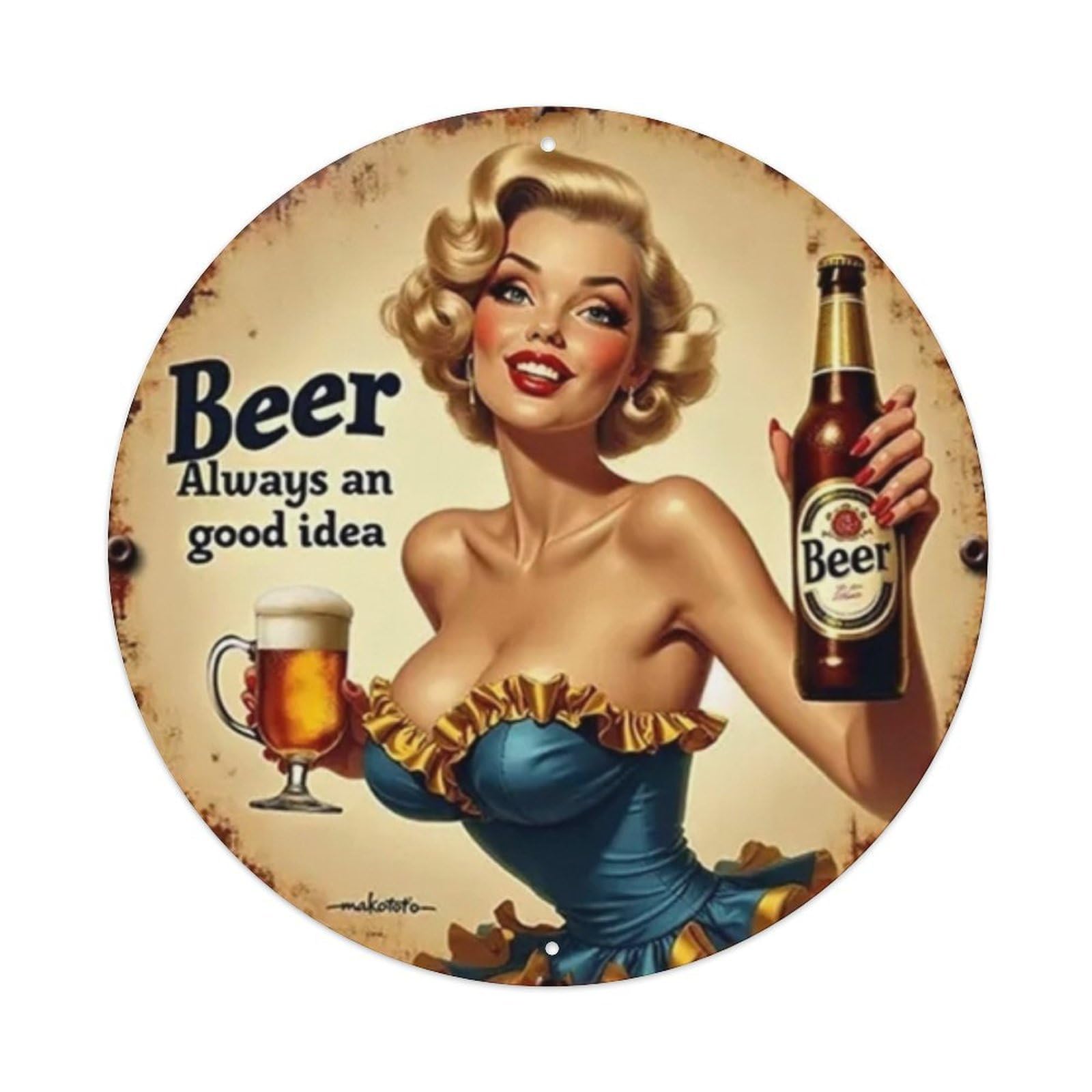 Beer-Themed Round Tin Sign Vintage Metal Sign Home Bar Garden Wall Decor Metal Poster 8x8 Inch