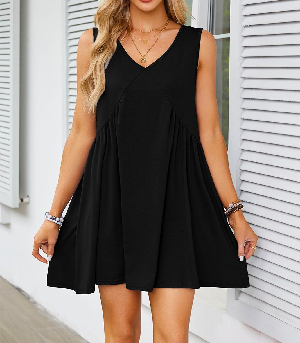 Womens Babydoll Dress Summer Sleeveless Mini Dress Casual Loose V Neck Swing Flowy Beach Sundresses with Pockets - Image 2