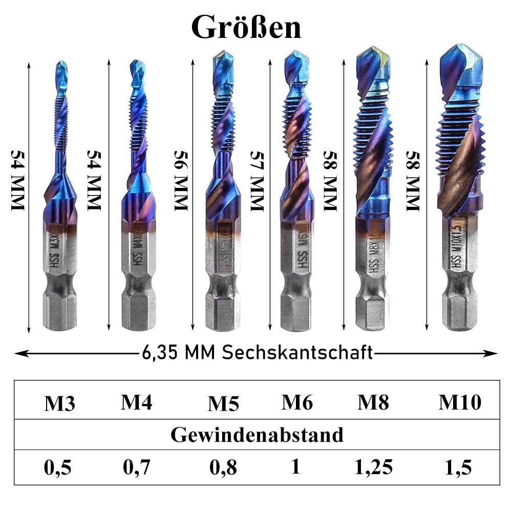 Treki Lot de 6 tarauds combinés M3 M4 M5 M6 M8 M10 - Tarauds manuels - Tarauds hélicoïdaux avec 6,35 mm - Pour visseuse sans fil - Taraud manuel HSS