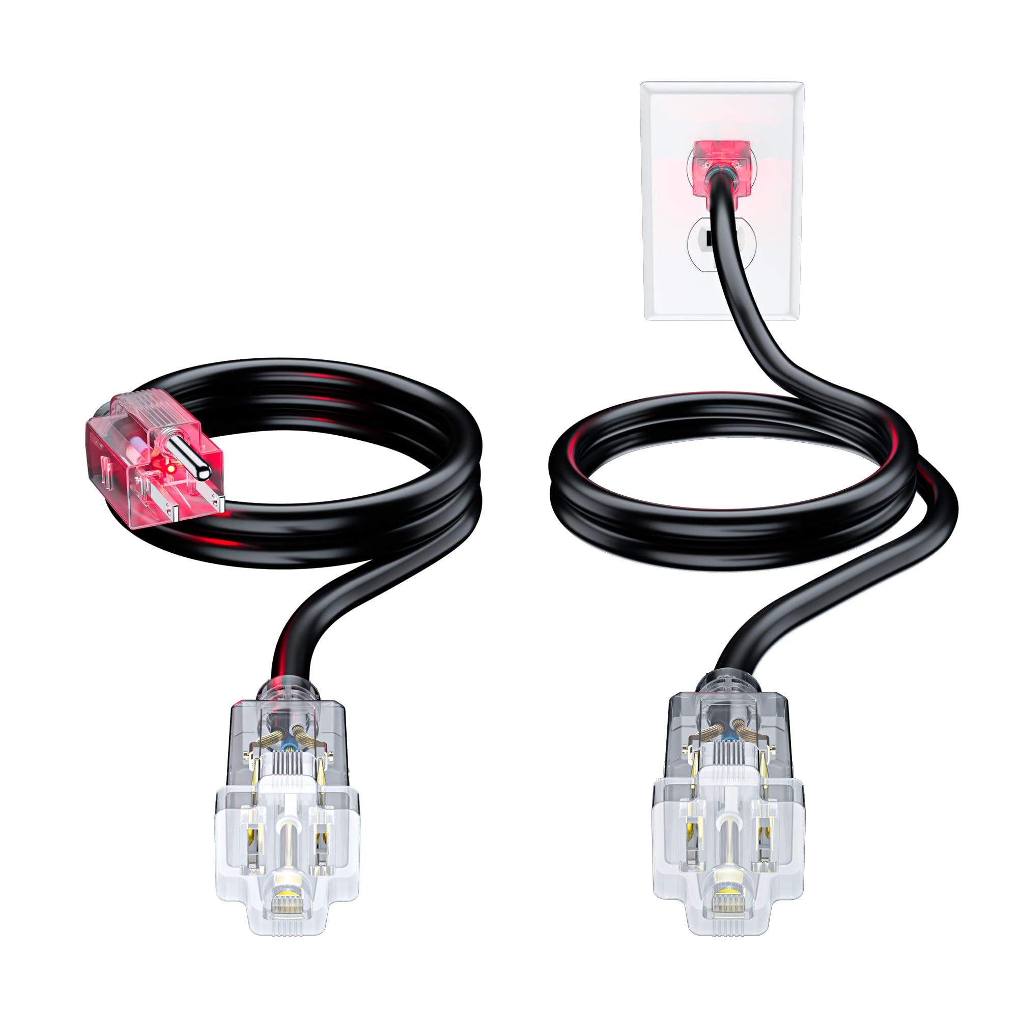 Maximm 1 Ft, 2 Pack, Black Extension Cord, 16 AWG 3-Prong, Lighted, Compact Indoor Power Cable – ETL Listed