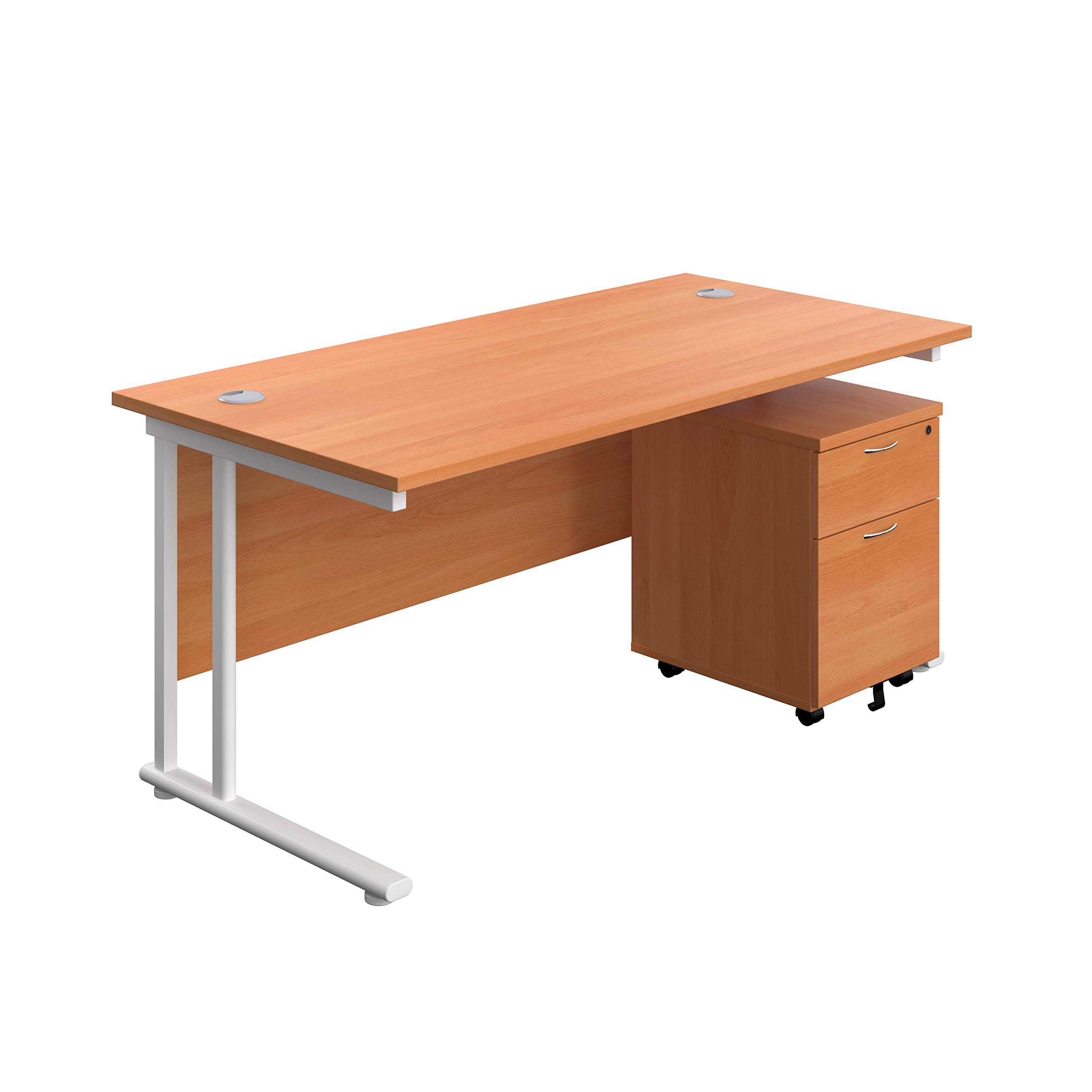 Office Hippo Heavy Duty Rectangular Cantilever Office Desk, Home Office Desk With 2 Drawer Lockable Mobile Pedestal Filing Cabinet, File Cabinet, 5 Yr Wty, White Frame, Beech, 180 x 80 cm